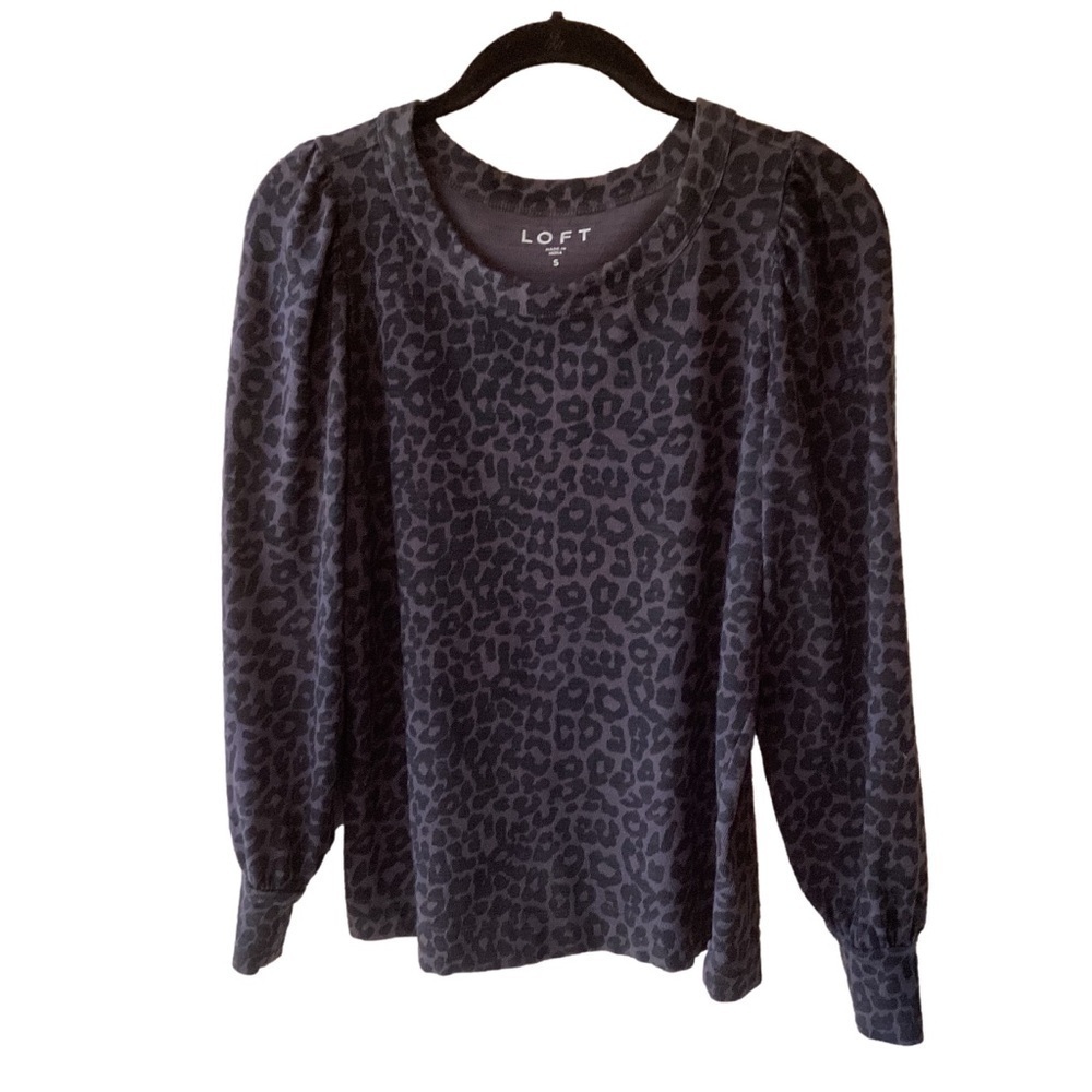 LOFT Gray Black Leopard Print Pleated Long Sleeve Top S Puff Sleeves 100% Cotton
